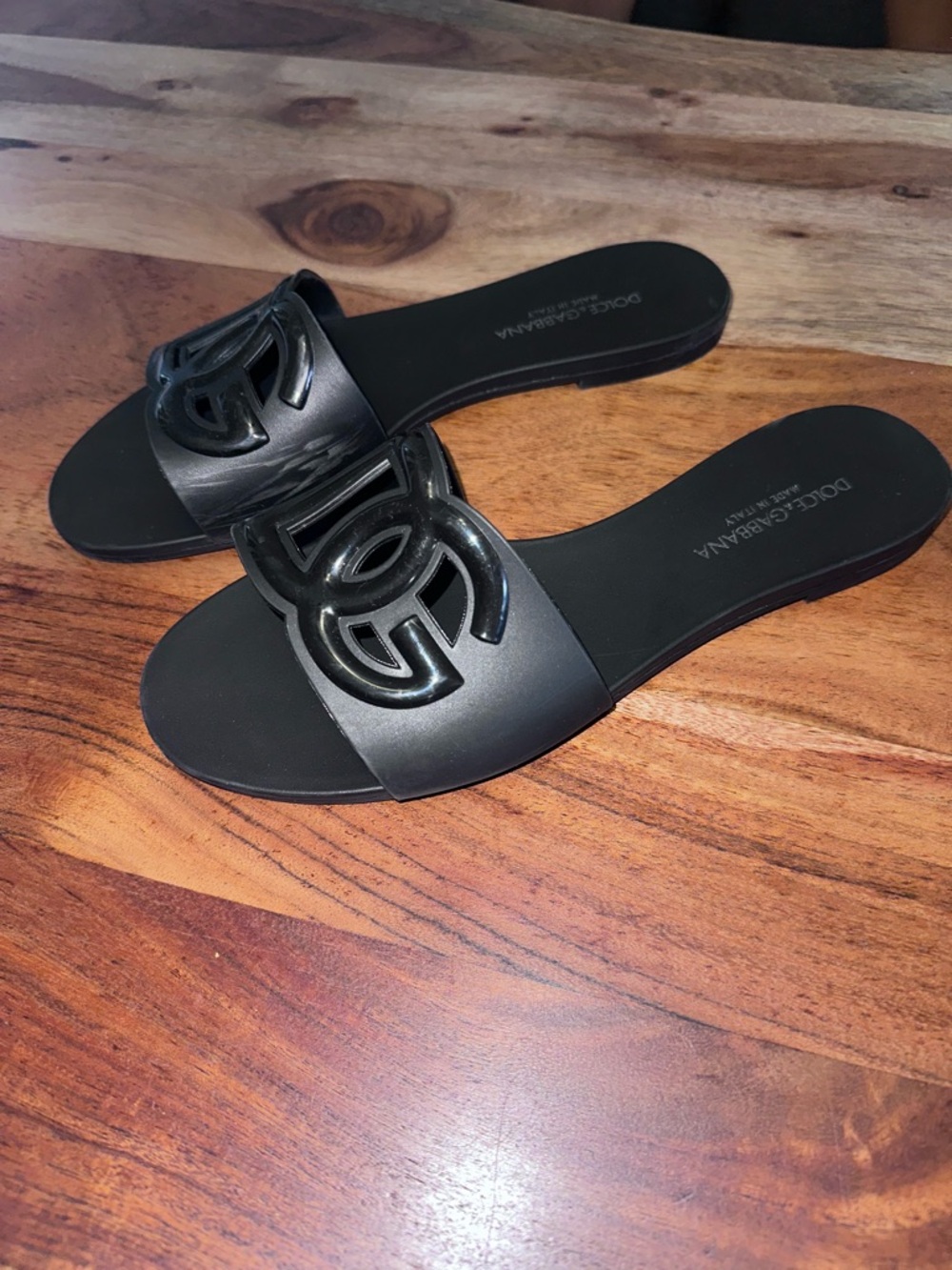 Dolce & Gabbana Glossy Black Logo Slide Sandals